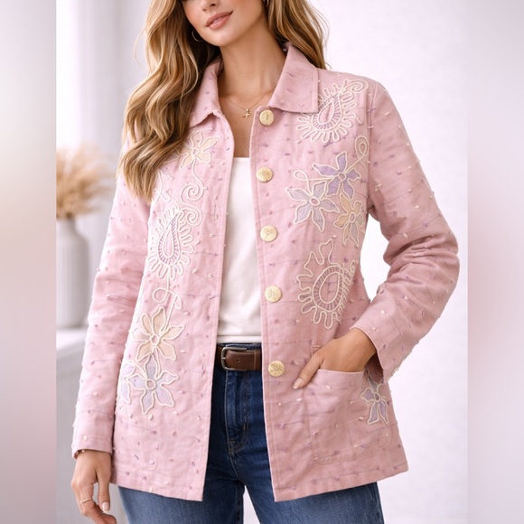 American Vintage Jackets & Blazers - Vintage 90s Cottagecore Alex Kim Embroidered Pink Artisan Floral Jacket Large
